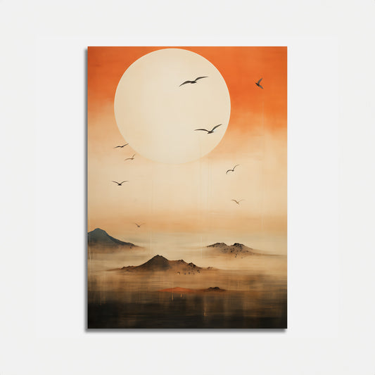 A painting of a serene sunset with birds flying above misty mountains.