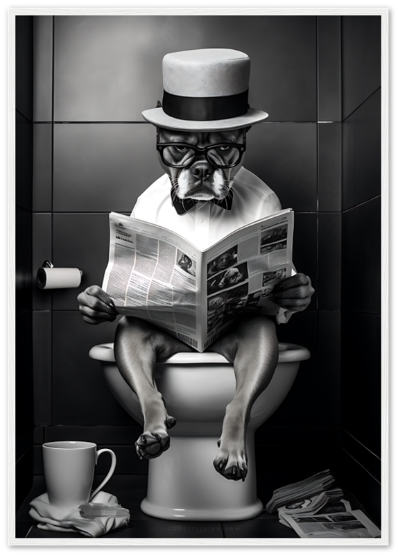 A dog with glasses and a hat reading a newspaper on a toilet.