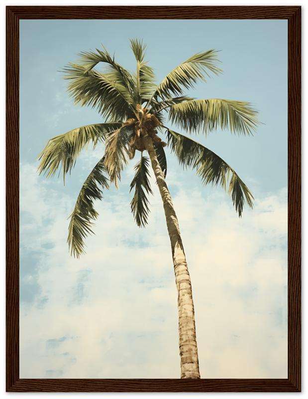 A framed painting of a palm tree against a cloudy sky.