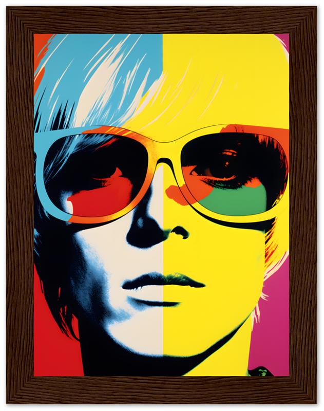 Pop art portrait with vivid colors and sunglasses in a wooden frame.