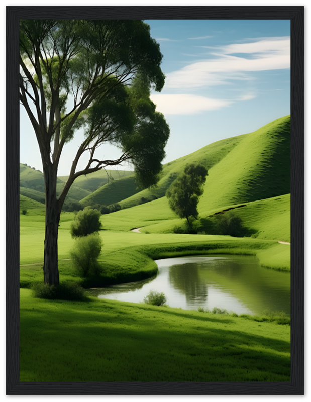 A framed image depicting a serene landscape with green hills, trees, and a small pond.