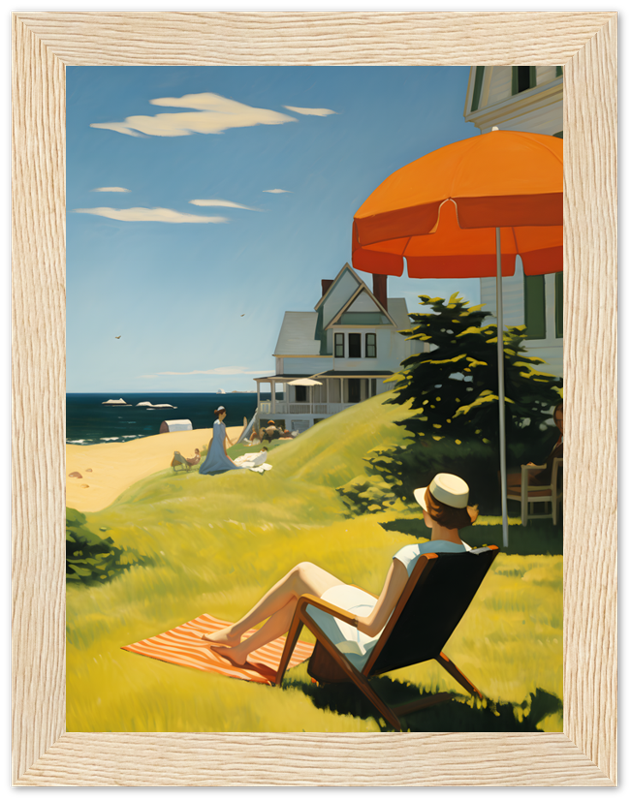 "Painting of a person relaxing on a beach chair near a house with an orange umbrella."