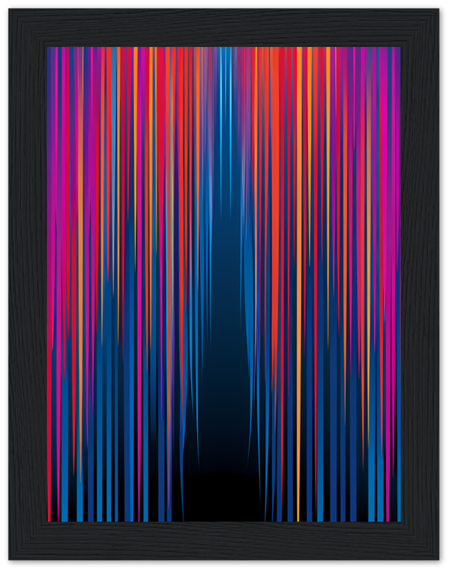 Abstract artwork with vertical streaks in vibrant colors on a dark background, framed in black.