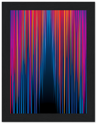 Abstract artwork with vertical streaks in vibrant colors on a dark background, framed in black.