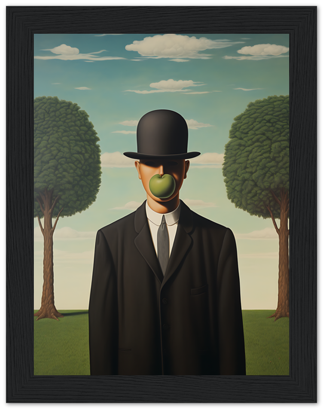 A framed painting of a man with an apple covering his face against a sky and tree backdrop.