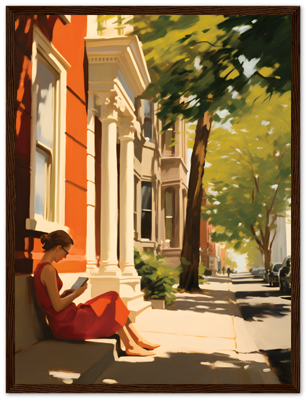 A painting of a person reading on a sunny city sidewalk with shadows of trees.