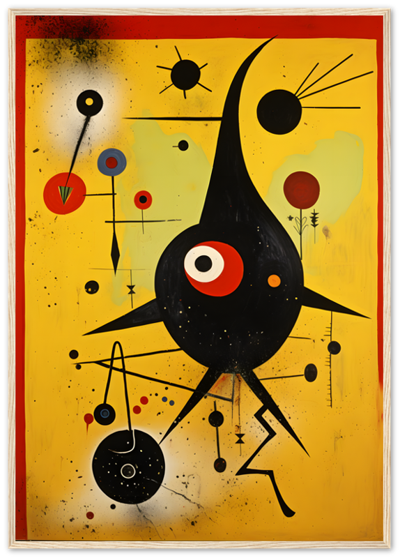 Abstract painting with black creature-like figure and colorful shapes on yellow background.