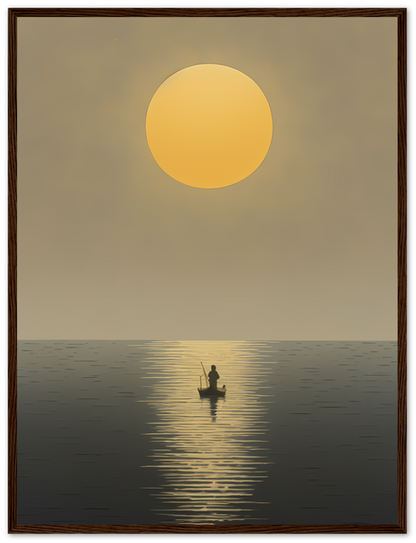 A framed image of a solitary fisherman on a calm sea at sunset.