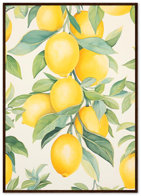A framed painting of lemons with green leaves on a light background.