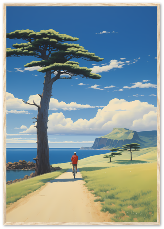 A person walking on a path by the sea with a tree and cliffs in the background, framed as a painting.