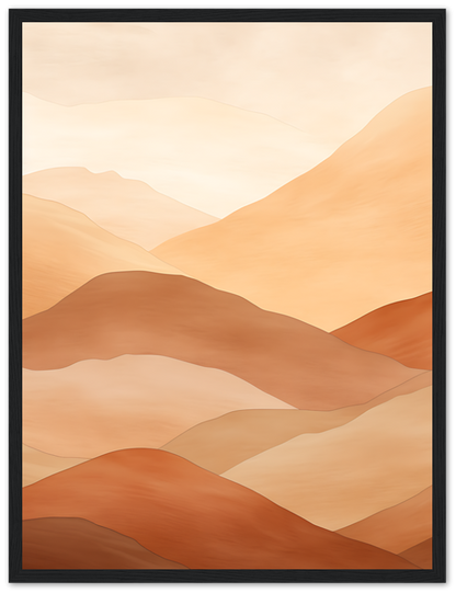 A framed art piece depicting stylized brown and beige mountain ranges.