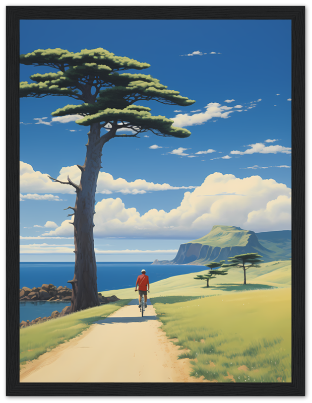 A painting of a person walking down a path toward the sea with a tree and cliffs in the background, in a wooden frame.