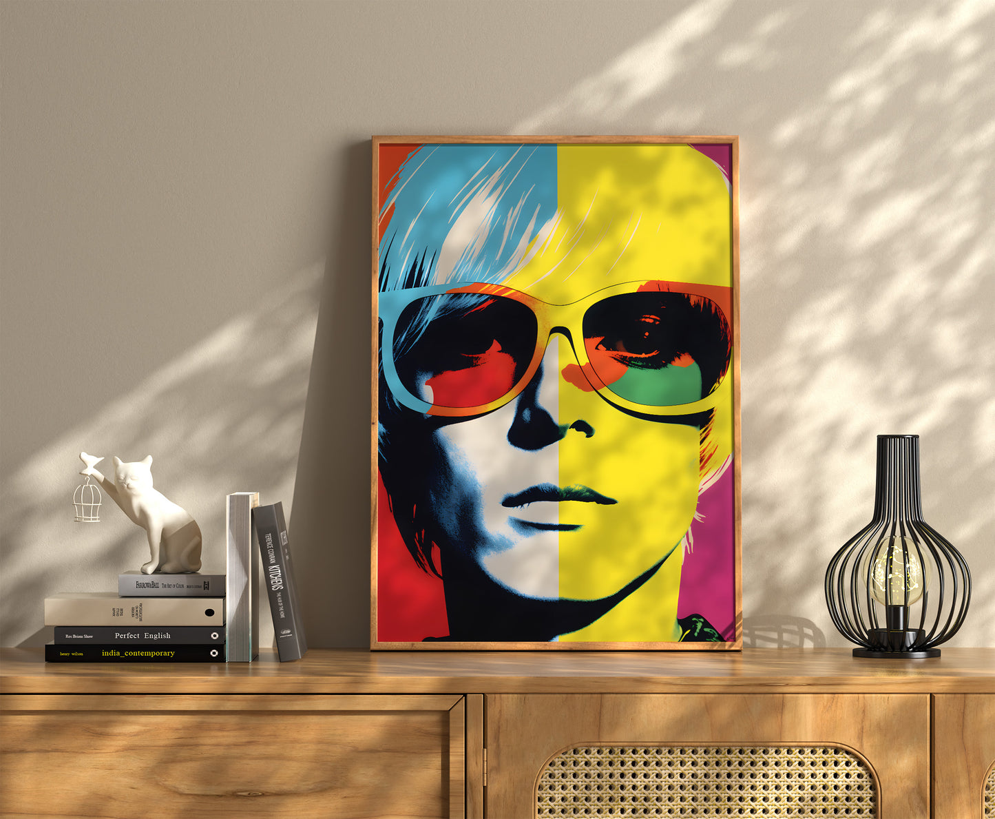 Pop art style portrait on a wall above a sideboard with decorative items.