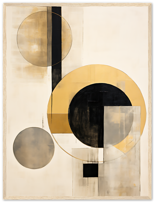 An abstract painting with geometric shapes, featuring circles and lines in neutral tones.