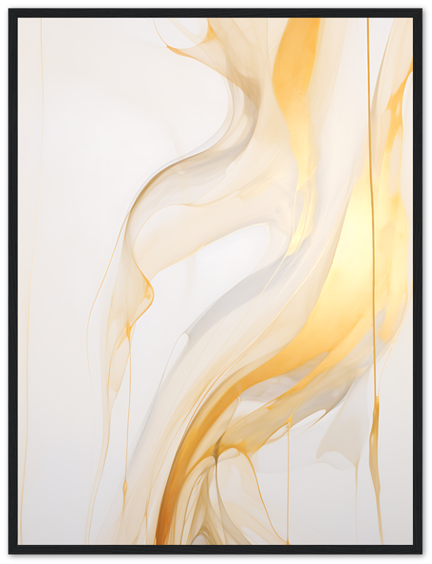 Abstract art with swirling gold and white patterns on a light background, framed in black.