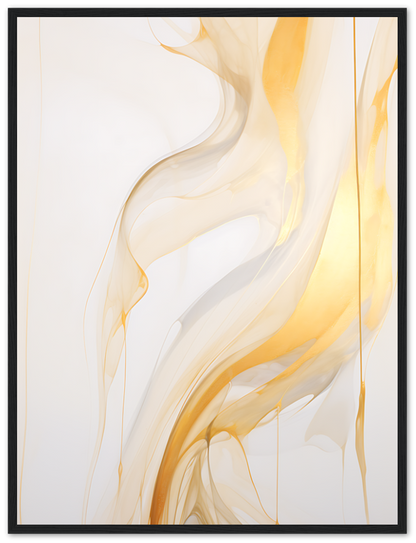 Abstract art with swirling gold and white patterns on a light background, framed in black.