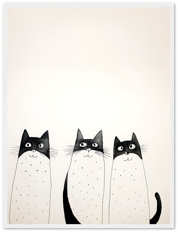 Three cartoon cats with dotted fur standing in a row.