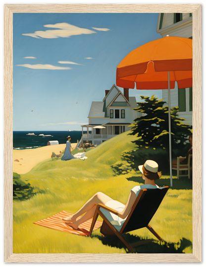 A serene beach scene with a person beneath an orange umbrella, houses nearby, and someone walking along the shore.