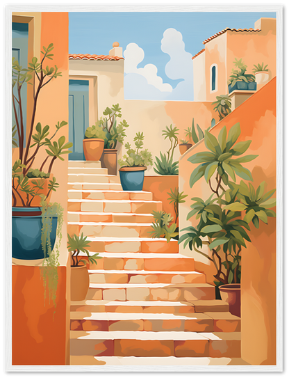 Illustration of a sunny Mediterranean staircase with plants and terracotta pots.