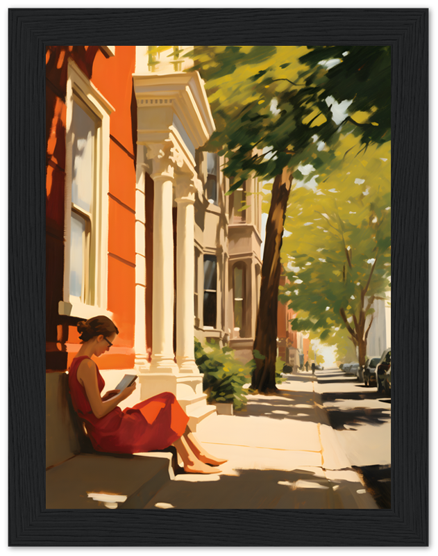 A person reading on the steps of a brownstone building on a sunny street.