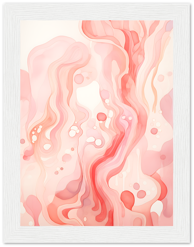 Abstract pink and white fluid art painting with a white frame.