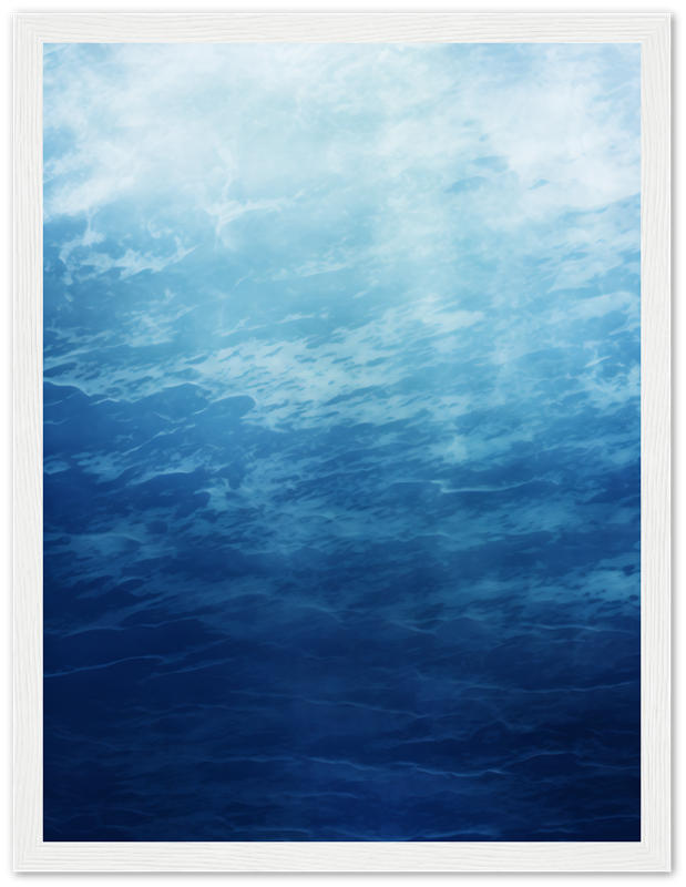 Painting of a tranquil blue ocean view with clouds, framed in dark wood.