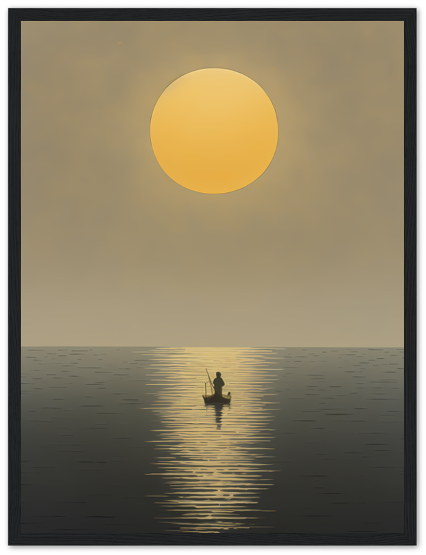 A framed picture of a lone fisherman on a calm sea at sunset.