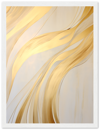Abstract golden swirls on a light background framed with a white border.