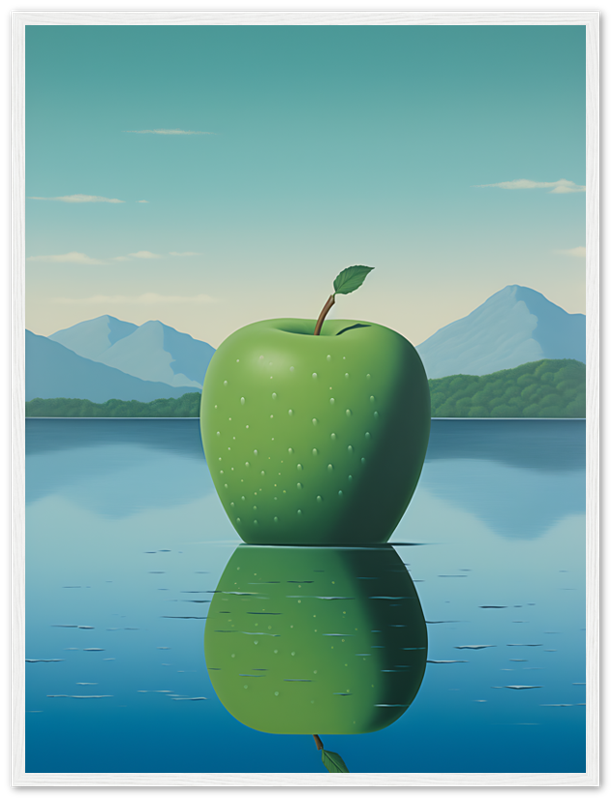 A surreal framed art piece of a large green apple reflecting in water with mountains in the background.