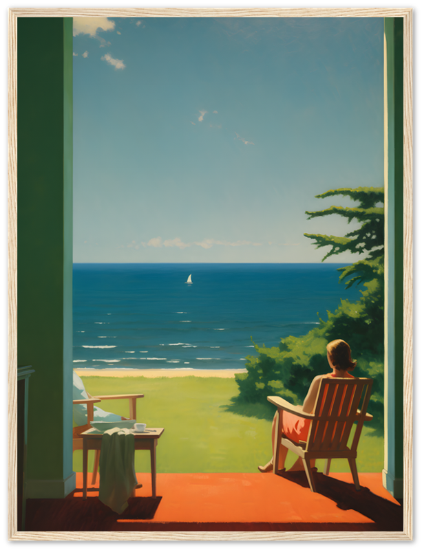 Alt text: A painting of a person sitting on a porch looking at the sea with a sailboat in the distance.
