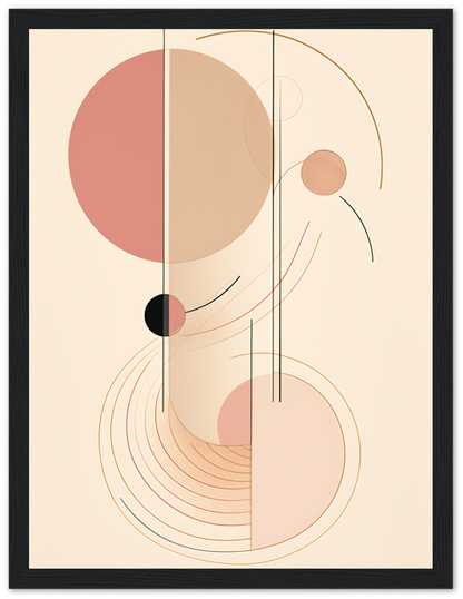 Abstract art with geometric shapes and lines in earth tones, framed.