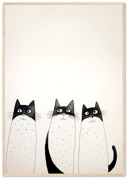 Three cartoon cats with dotted fur standing in a row.