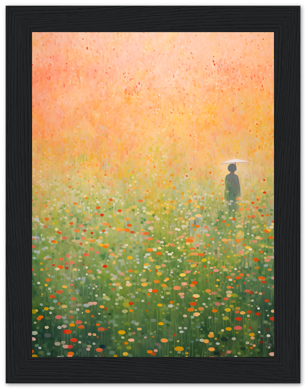 "Painting of a solitary figure in a vast field of colorful flowers under a gradient sky."