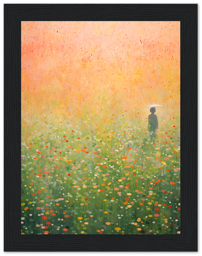 "Painting of a solitary figure in a vast field of colorful flowers under a gradient sky."