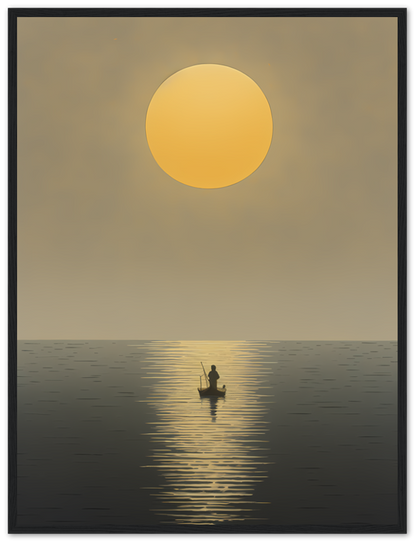 A framed image of a fisherman on a boat under a large sun with a reflective sea.