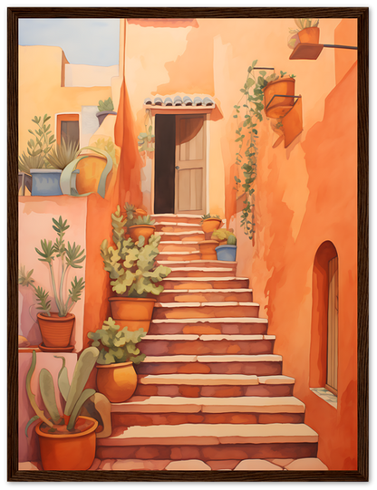 A colorful illustration of a sunlit staircase with potted plants in a Mediterranean-style setting.