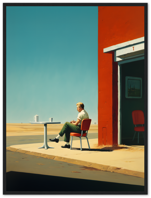 A person sitting by a table outside a building with a bright red wall under a clear sky.