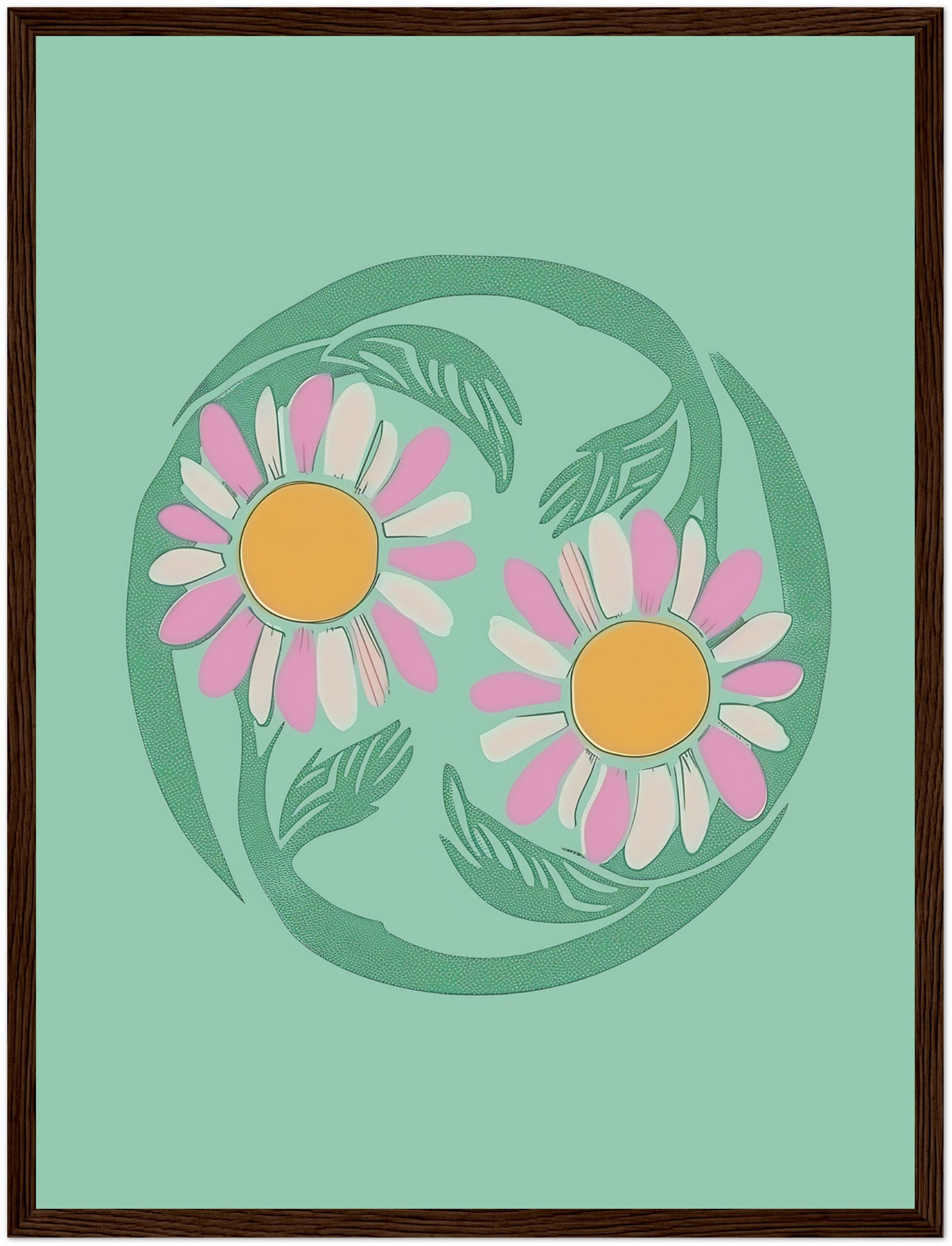 Stylized illustration of two daisies encircled by a green vine on a teal background with a brown frame.