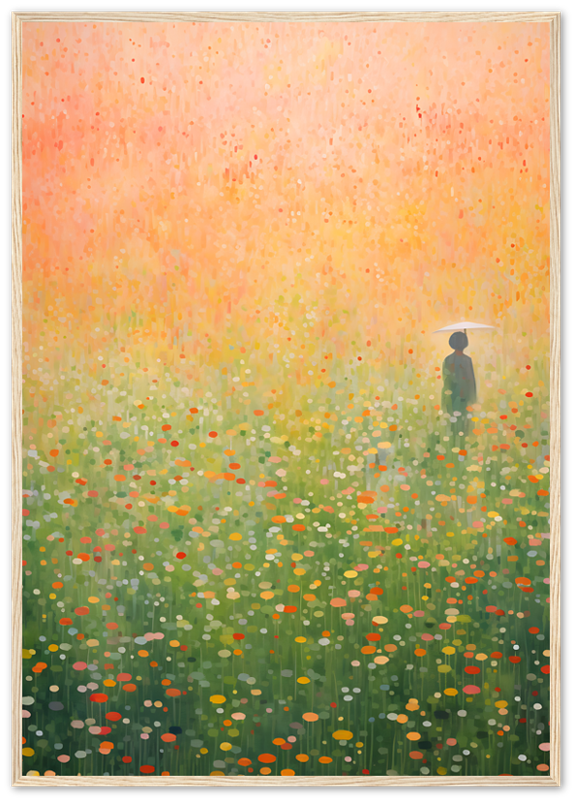 A framed painting of a person standing in a vibrant, colorful, flower-strewn field.