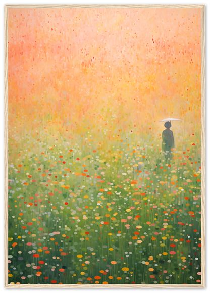A framed painting of a person standing in a vibrant, colorful, flower-strewn field.