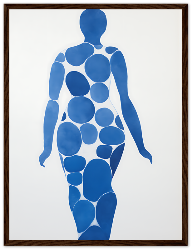 Artwork of a human silhouette composed of blue circles in various sizes on a white background, framed.