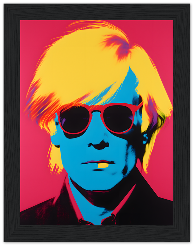 Colorful pop art-style portrait of a man with sunglasses in a black frame.