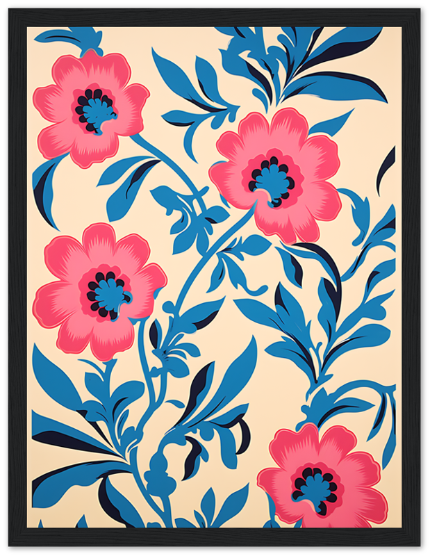 Floral art with pink flowers and blue leaves on a beige background, framed.