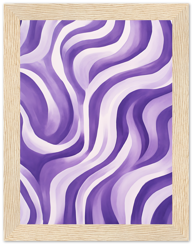 Abstract purple and white wavy pattern framed in wooden frame.