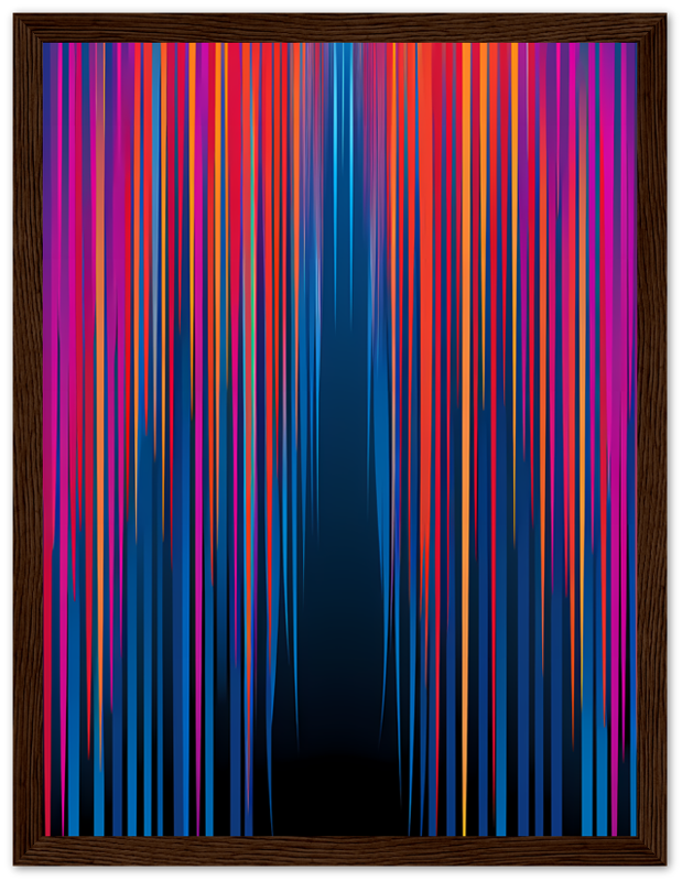 Abstract artwork with colorful vertical streaks in a wooden frame.