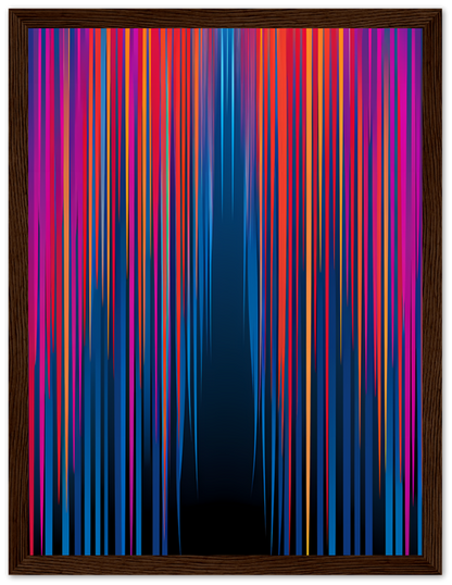 Abstract artwork with colorful vertical streaks in a wooden frame.