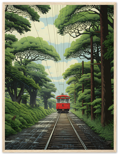 A framed illustration of a red tram on tracks amidst lush green trees.