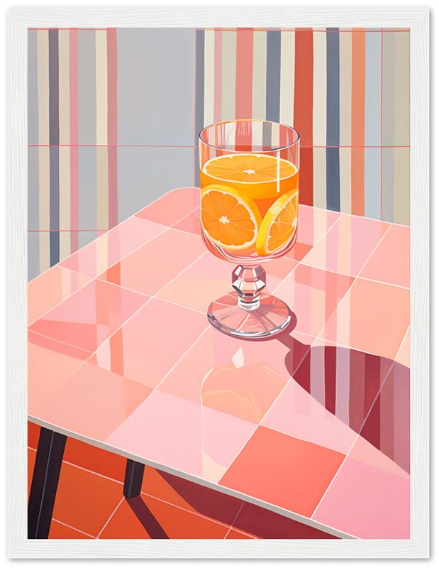 A colorful illustration of a glass of orange juice with slices of orange on a checkered table.