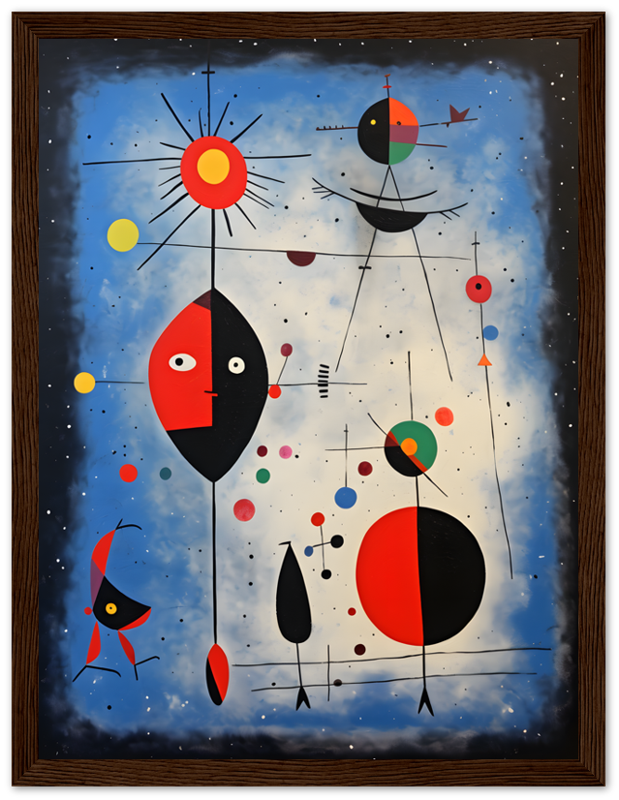 Abstract painting with geometric shapes and celestial motifs in a wooden frame.