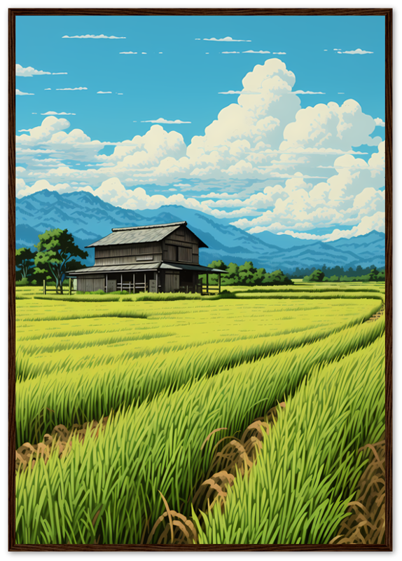 Illustration of a traditional house in a rice field with mountains in the background, framed as a painting.